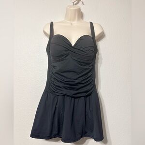 Rose Marie Reid Sweetheart Ruched Swimdress with Adjustable Straps in Black. XXL